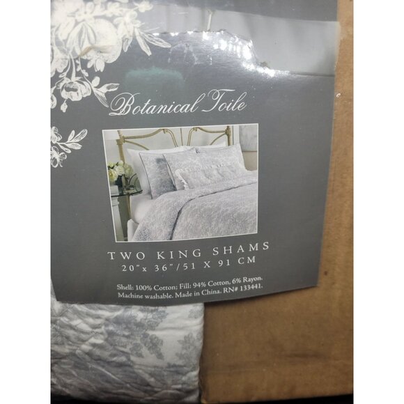 Toile Gray Floral Pillow Shams Set 2 King Quilted Cotton blend botanical cottage - Picture 3 of 5